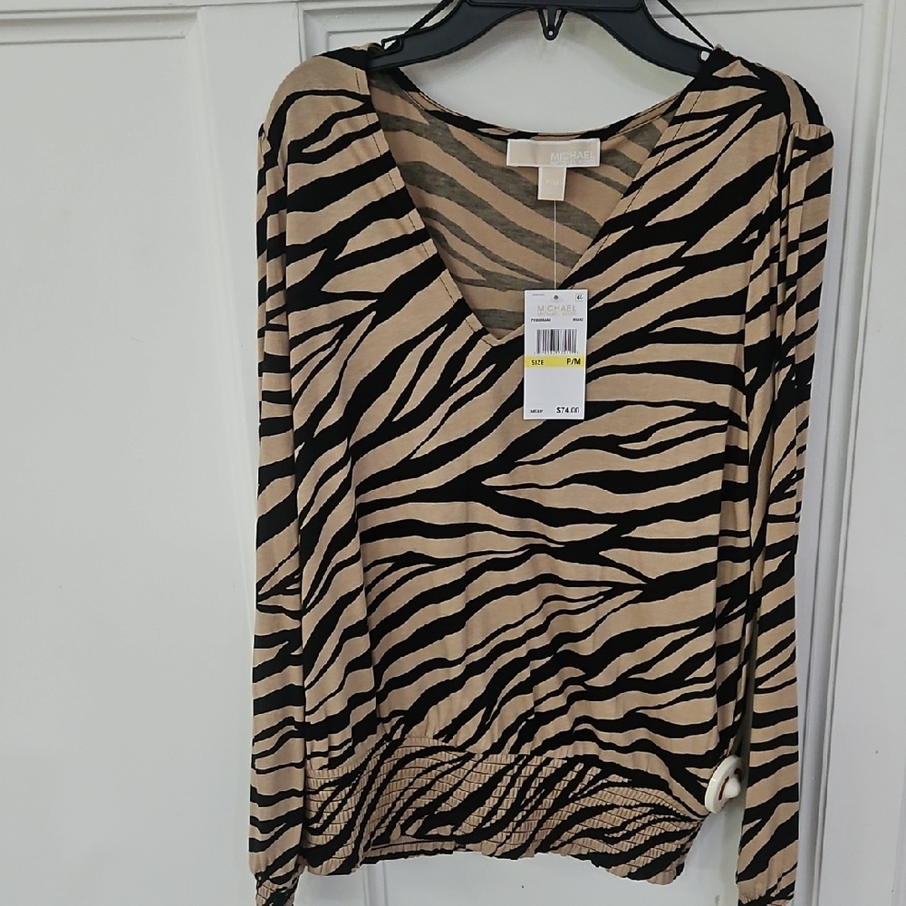 Michael Kors V-Neck Blouse, Black and Tan, Petite Medium, NWT